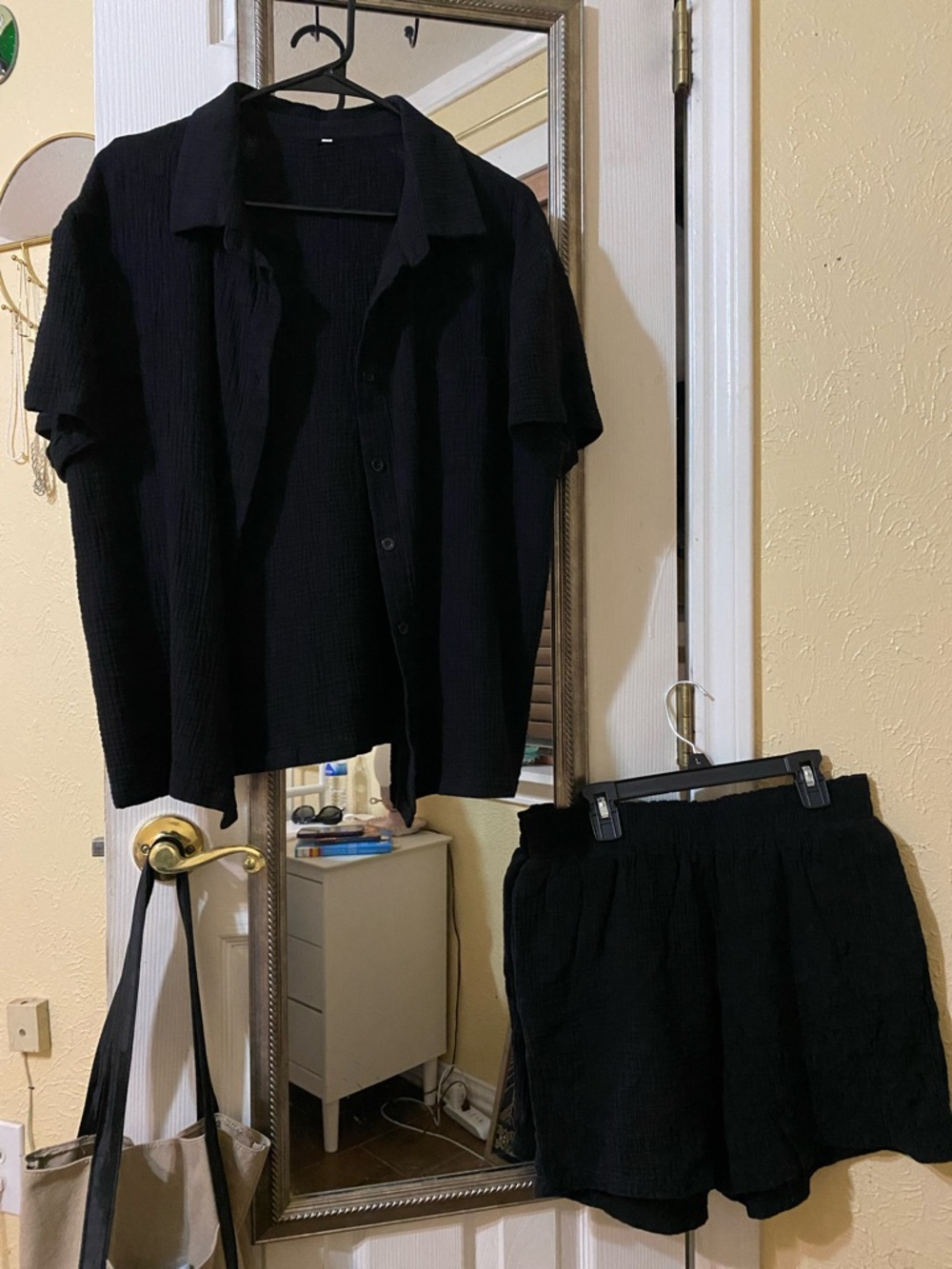 Black Textured Button-Up Shirt & Shorts Set